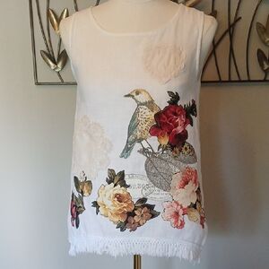 Reworked Linen Top Handmade Application Sz S